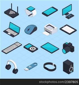 Isometric set of wireless mobile devices with smartphone notebook headphones usb tablet printer mouse modem icons isolated vector illustration. Isometric Wireless Mobile Devices