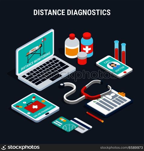 Isometric set with medical equipment for distance diagnostics isolated on grey background 3d vector illustration. Medical Diagnostics Isometric Set
