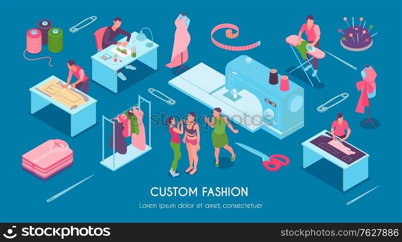 Isometric sewing studio horizontal composition with custom fashion headline and different tools and equipment vector illustration