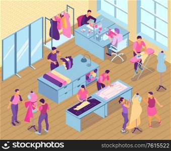 Isometric sewing studio illustration with seamstress and tailors work in the studio vector illustration