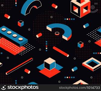 Isometric shapes pattern. Geometric minimal background, abstract construction graphic elements. Vector 3D isometric seamless poster figures with abstract geometric shapes cube square triangle. Isometric shapes pattern. Geometric minimal background, abstract construction graphic elements. Vector isometric poster figures
