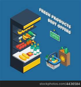 Isometric Shelving Icon. Isometric shelving icon in abstract shop and different accessories like shopping basket pack and open plate vector illustration