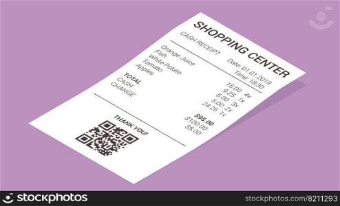Isometric shop receipt, realistic isolated vector illustration. Straight and curled paper payment bill for cash payment transaction with barcode, goods and their price. Isometric shop receipt, paper payment bill