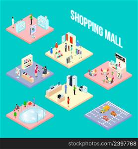 Isometric shopping mall set object with some samples of shop interior elements vector illustration. Shopping Mall Set Object