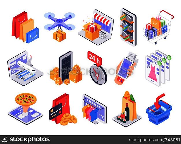 Isometric shopping. Online shop, market delivery and store sales. Internet purchasing and grocery products. Daily retail discount online app shopping. 3d vector illustration isolated icons set. Isometric shopping. Online shop, market delivery and store sales. Internet purchasing and grocery products 3d vector illustration set