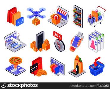 Isometric shopping. Online shop, market delivery and store sales. Internet purchasing and grocery products. Daily retail discount online app shopping. 3d vector illustration isolated icons set. Isometric shopping. Online shop, market delivery and store sales. Internet purchasing and grocery products 3d vector illustration set
