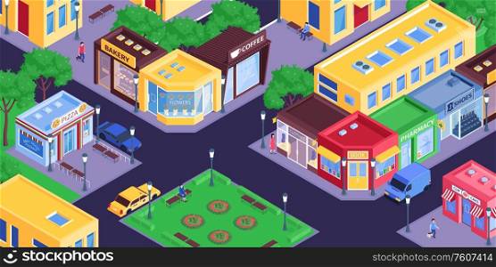 Isometric shops city composition with birds eye view of town district with streets and store buildings vector illustration