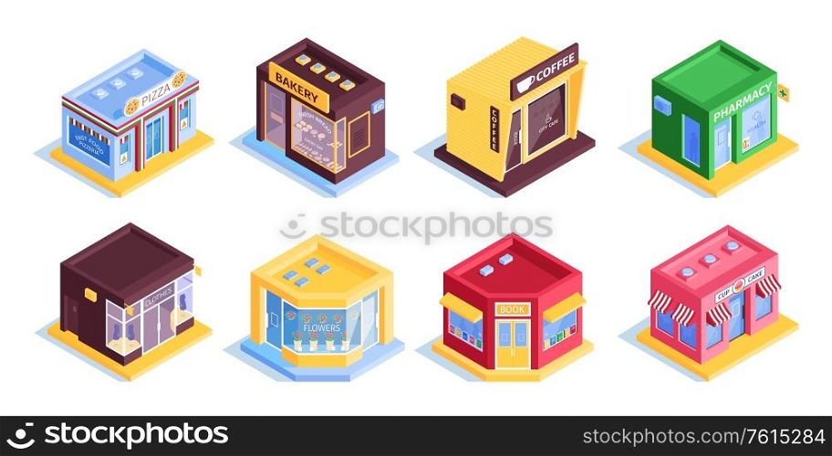 Isometric shops color set with eight isolated images of modern houses store buildings on blank background vector illustration