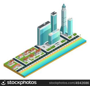 Isometric Skyscrapers And Suburban Houses Composition. Isometric composition with modern skyscrapers many-storeyed and suburban houses on sea coast vector illustration