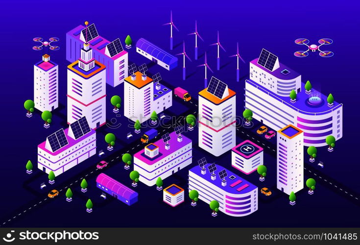 Isometric smart city. Modern futuristic neon town structure, gradient transport and buildings. Vector illustrations colourful night future urban object concept and innovation technology. Isometric smart city. Modern futuristic neon town structure, gradient transport and buildings. Vector night urban concept