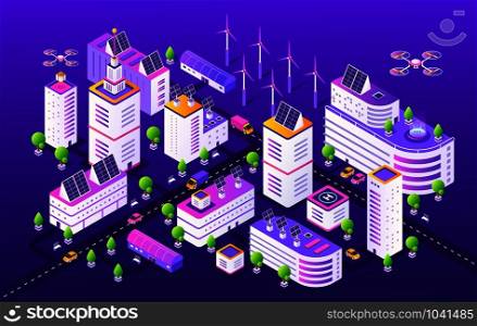 Isometric smart city. Modern futuristic neon town structure, gradient transport and buildings. Vector illustrations colourful night future urban object concept and innovation technology. Isometric smart city. Modern futuristic neon town structure, gradient transport and buildings. Vector night urban concept