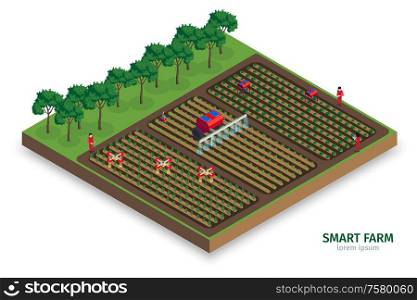Isometric smart farm composition with outdoor view of plantations with trees people and automated drones tractors vector illustration