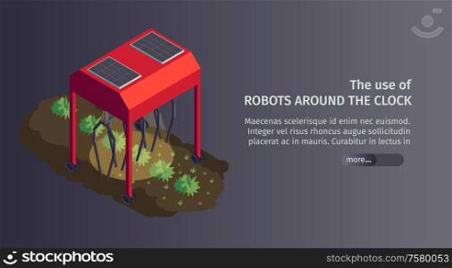 Isometric smart farm horizontal banner with image of robotic planting station editable text and slider button vector illustration