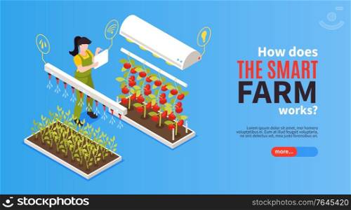 Isometric smart farm horizontal banner with more button text and automatic flower beds with human operator vector illustration