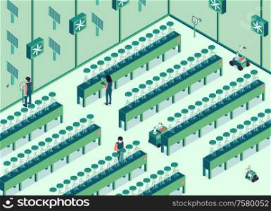 Isometric smart farm horizontal composition with indoor view of futuristic orchard house with rows of plants vector illustration