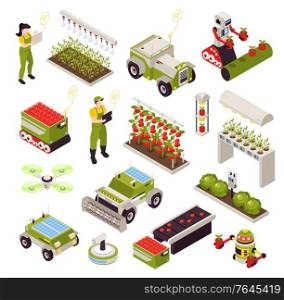 Isometric smart farm set with isolated icons of vegetable plants and automated machines with human operators vector illustration. Smart Farm Icon Set