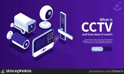 Isometric smart home horizontal banner with more button editable text and images of video surveillance system vector illustration