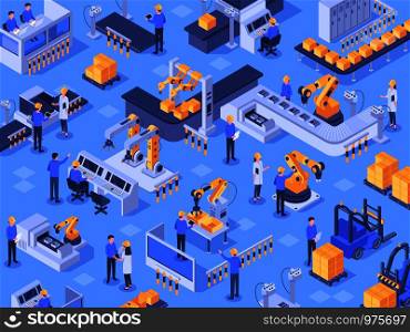 Isometric smart industrial factory. Automated production line, automation industry and factories engineer workers. Industriyal manufacturing teamwork innovation technology vector illustration. Isometric smart industrial factory. Automated production line, automation industry and factories engineer workers vector illustration