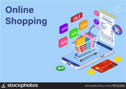 Isometric Smart phone online shopping concept. Online store, shopping cart icon. Ecommerce. Vector illustration in flat style. Isometric Smart phone online shopping concept.