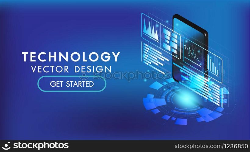 Isometric smart phone or tablet 3d interface background.Screen smart and simple with business chart and business icon analysis.Copy-space for edit.
