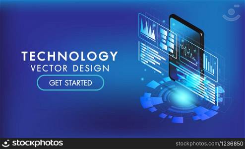 Isometric smart phone or tablet 3d interface background.Screen smart and simple with business chart and business icon analysis.Copy-space for edit.