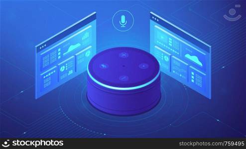 Isometric smart speaker and web pages. Voice activated digital control for websites and mobile applications, smart voice navigation concept. Blue violet background. Vector 3d illustration. Isometric voice control website and app illustration.