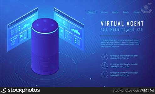 Isometric smart speaker with title virtual agent landing page. Voice activated digital assistants for websites and mobile applications concept. Blue violet background. Vector 3d illustration. Isometric virtual agent landing page.