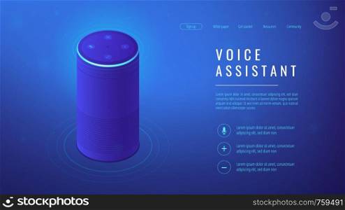 Isometric smart speaker with title voice assistant landing page. Voice activated digital assistants and home automation hub concept. Blue violet background. Vector 3d isometric illustration.. Isometric voice assistant landing page.