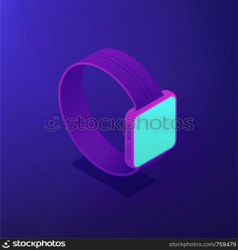 Isometric smart watch with a blue screen. Portable wearable digital device. Wearable device app development and digital technology concept . Ultraviolet background. Vector 3d illustration.. Isometric smart watch. Vector 3d illustration.