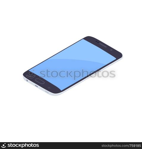Isometric smartphone isolated on white background. Technology and computing design element. Horizontally oriented mobile phone with blue display vector cartoon isometric illustration.. Isometric smartphone isolated on white background.