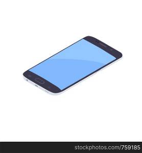 Isometric smartphone isolated on white background. Technology and computing design element. Horizontally oriented mobile phone with blue display vector cartoon isometric illustration.. Isometric smartphone isolated on white background.