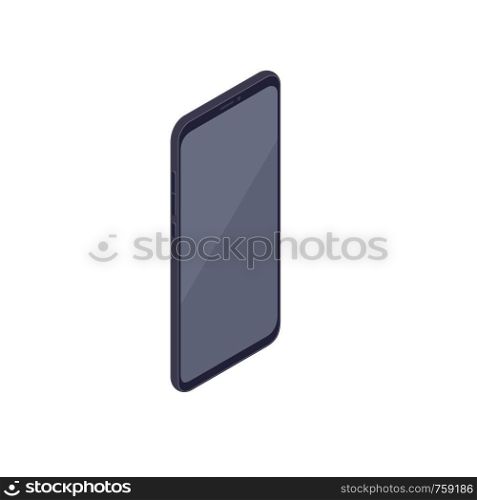 Isometric smartphone isolated on white background. Technology and computing design element. Vertically oriented cell phone with blank display vector cartoon isometric 3d illustration.. Isometric smartphone isolated on white background.