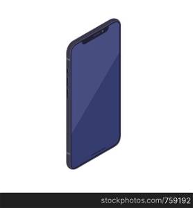 Isometric smartphone isolated on white background. Technology and computing design element. Vertically oriented modern mobile phone with blank display vector cartoon isometric 3d illustration.. Isometric smartphone isolated on white background.