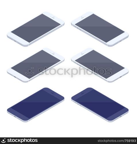 Isometric smartphone kit isolated on white background. Technology and computing design elements. Horizontally oriented white and black cell phones vector cartoon isometric illustration.. Isometric smartphone kit isolated on white background.
