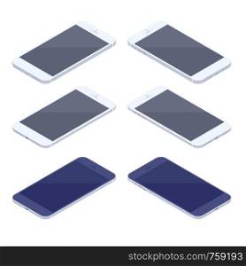 Isometric smartphone kit isolated on white background. Technology and computing design elements. Horizontally oriented white and black cell phones vector cartoon isometric illustration.. Isometric smartphone kit isolated on white background.