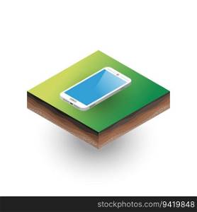 Isometric smartphone placed on the piece of soil with shadow. Isometric smartphone placed on the piece of soil