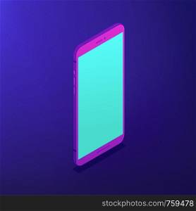Isometric smartphone with a blue screen. Portable digital device. Communication, app development and digital technology concept . Ultraviolet background. Vector 3d illustration.. Isometric smartphone. Vector 3d illustration.