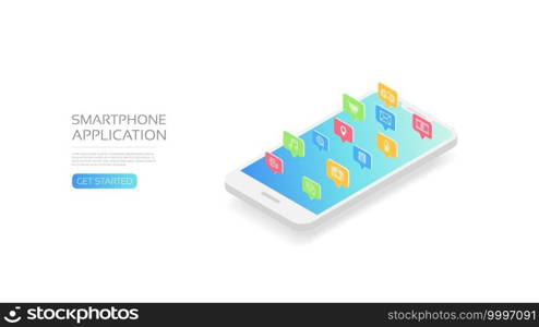 Isometric smartphone with application icon, isolated on white background