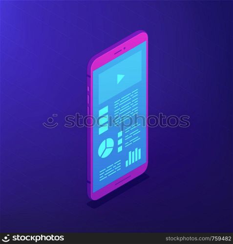 Isometric smartphone with data on the screen. Smartphone software and application development. IT business and digital technology concept. Ultraviolet background. Vector 3d illustration.. Smartphone software. Isometric vector 3d illustration.