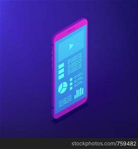 Isometric smartphone with data on the screen. Smartphone software and application development. IT business and digital technology concept. Ultraviolet background. Vector 3d illustration.. Smartphone software. Isometric vector 3d illustration.