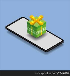 Isometric smartphone with green gift box. Online shopping concept. Isometric smartphone with green gift box. Online shopping concept. Sale, e-commerce, retailing, discount theme. Creative flyer, poster template. Baner, poster, vector