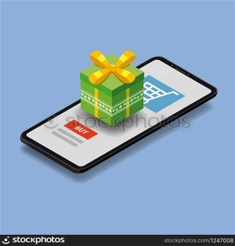 Isometric smartphone with green gift box. Online shopping concept. Isometric smartphone with green gift box. Online shopping concept. Sale, e-commerce, retailing, discount theme. Modern blue vector logo. Creative flyer, poster template. Baner, poster, vector