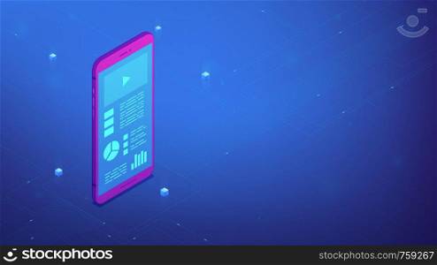 Isometric smartphone with interface data on the screen. Smartphone UI, UX design and application development. IT business and digital technology concept. Ultraviolet background. Vector 3d illustration. Smartphone interface design. Isometric vector 3d illustration.
