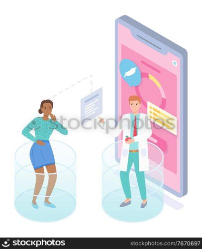 Isometric smartphone with mobile app. Woman patient have pain in stomach, ulcer, gastritis consulting with nutritionist through online medical cabinet. Concept of online medicine at distance. Isometric mobile app, woman patient have pain in stomach, online consultation with nutritionist