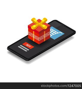 Isometric smartphone with red gift box. Online shopping concept. Isometric smartphone with red gift box. Online shopping concept. Sale, e-commerce, retailing, discount theme. Creative flyer, poster template. Baner, poster, vector