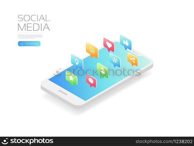 Isometric smartphone with social media icon, isolated on white background