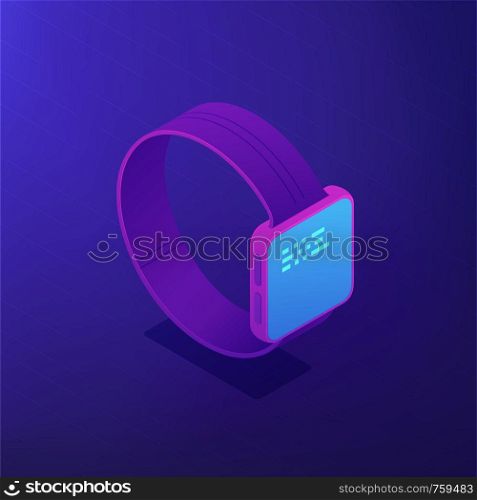 Isometric smartwatch with data on the screen. Wearable devices software and application development. IT business and digital technology concept. Ultraviolet background. Vector 3d illustration.. Smart watch software. Isometric vector 3d illustration.