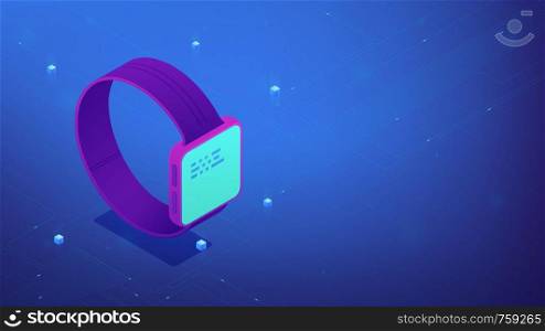 Isometric smartwatch with interface data on the screen. Wearable devices UI, UX design and application software development. IT business concept. Ultraviolet background. Vector 3d illustration.. Smart watch interface. Isometric vector 3d illustration.