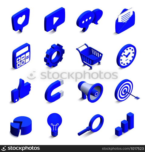 Isometric social marketing. Inbound and outbound marketings, money magnet and like icon. 3d community media network analyzing strategy business vector isolated symbols set. Isometric social marketing. Inbound and outbound marketings, money magnet and like icon. 3d community network vector icons set