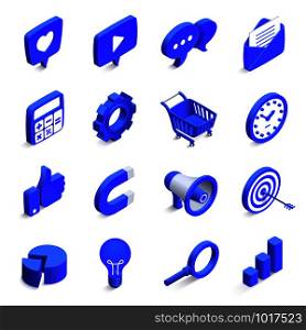 Isometric social marketing. Inbound and outbound marketings, money magnet and like icon. 3d community media network analyzing strategy business vector isolated symbols set. Isometric social marketing. Inbound and outbound marketings, money magnet and like icon. 3d community network vector icons set